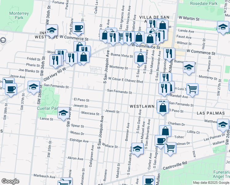 map of restaurants, bars, coffee shops, grocery stores, and more near 503 South San Horacio Avenue in San Antonio