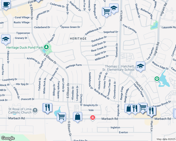 map of restaurants, bars, coffee shops, grocery stores, and more near 819 Saddlebrook Drive in San Antonio