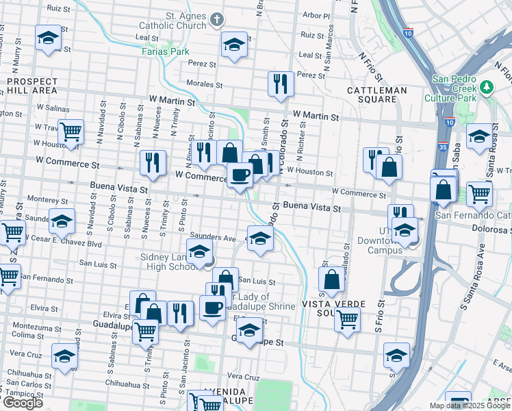 map of restaurants, bars, coffee shops, grocery stores, and more near 201 South Smith Street in San Antonio