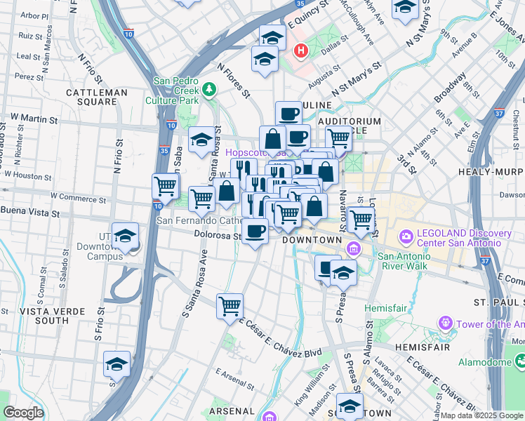 map of restaurants, bars, coffee shops, grocery stores, and more near 111 North Flores Street in San Antonio