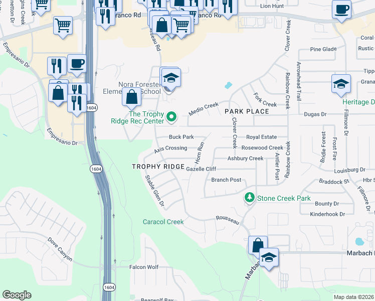 map of restaurants, bars, coffee shops, grocery stores, and more near 10702 Axis Crossing in San Antonio