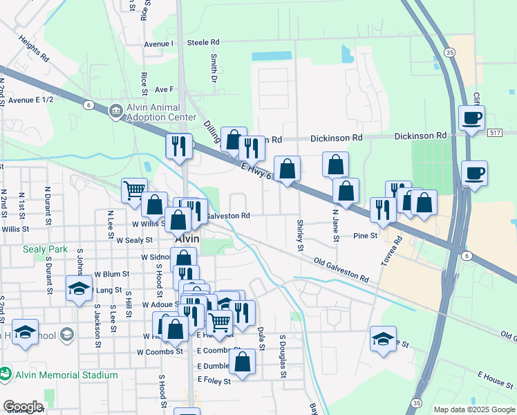 map of restaurants, bars, coffee shops, grocery stores, and more near 207 North Ormsby Street in Alvin