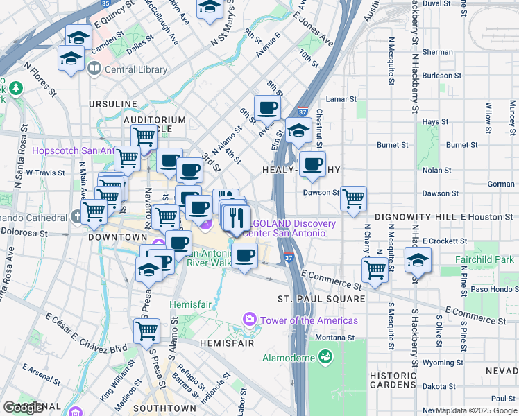 map of restaurants, bars, coffee shops, grocery stores, and more near 901 East Houston Street in San Antonio
