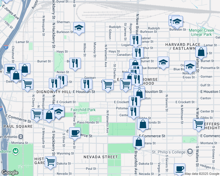 map of restaurants, bars, coffee shops, grocery stores, and more near 2021 East Houston Street in San Antonio