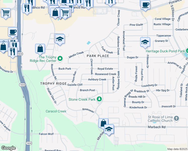 map of restaurants, bars, coffee shops, grocery stores, and more near 10454 Rosewood Creek in San Antonio