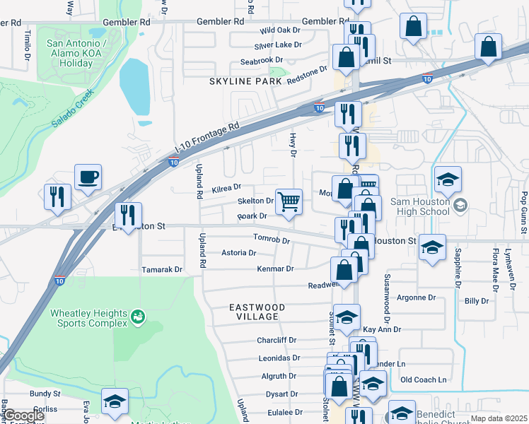 map of restaurants, bars, coffee shops, grocery stores, and more near 4331 Roark Drive in San Antonio