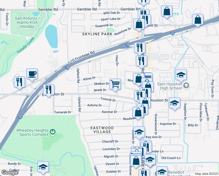 map of restaurants, bars, coffee shops, grocery stores, and more near 4331 Roark Drive in San Antonio