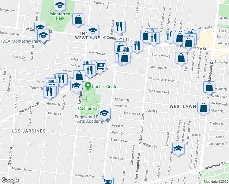 map of restaurants, bars, coffee shops, grocery stores, and more near 418 Southwest 34th Street in San Antonio