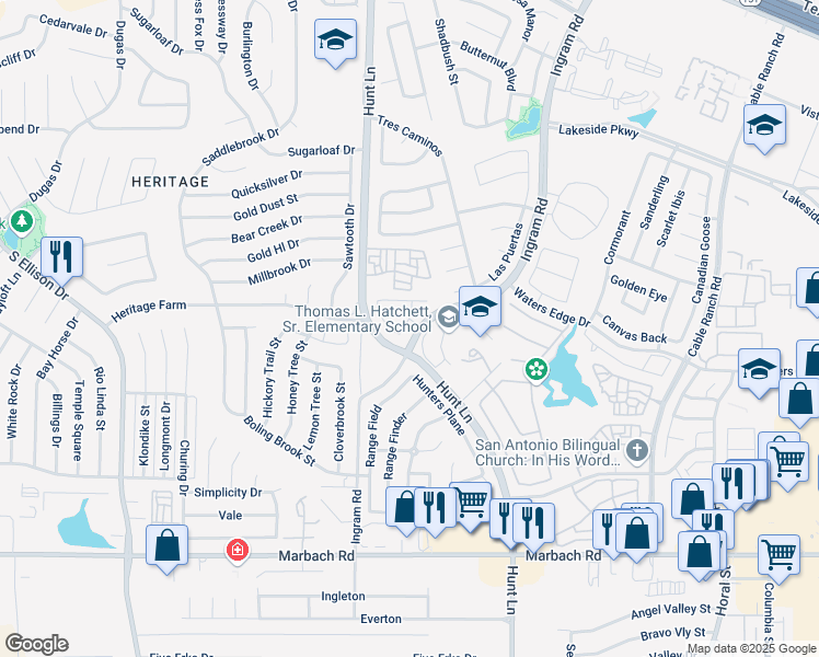 map of restaurants, bars, coffee shops, grocery stores, and more near 922 Pelicans Way in San Antonio