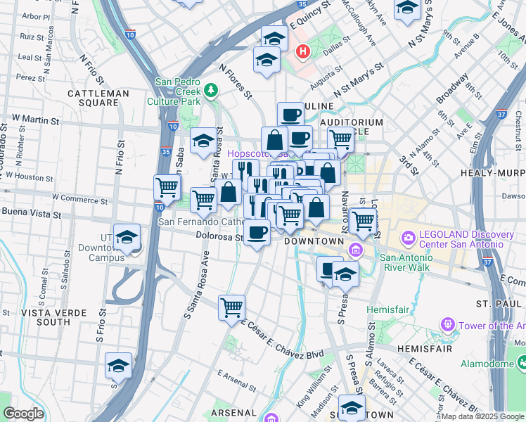 map of restaurants, bars, coffee shops, grocery stores, and more near 111 North Flores Street in San Antonio