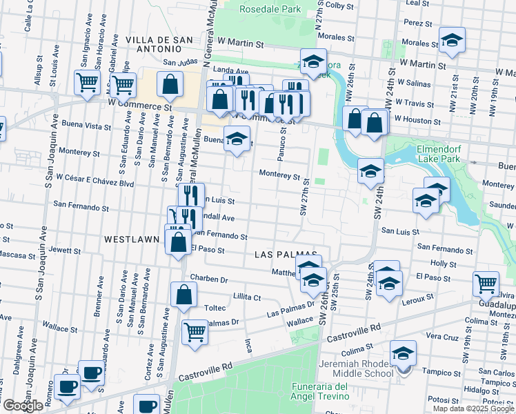 map of restaurants, bars, coffee shops, grocery stores, and more near 4118 San Luis Street in San Antonio