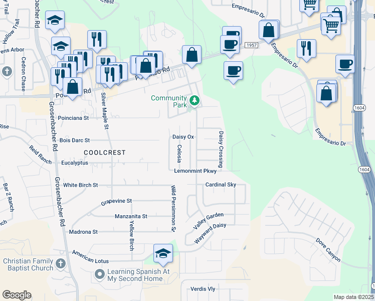 map of restaurants, bars, coffee shops, grocery stores, and more near 734 Chamomile in San Antonio