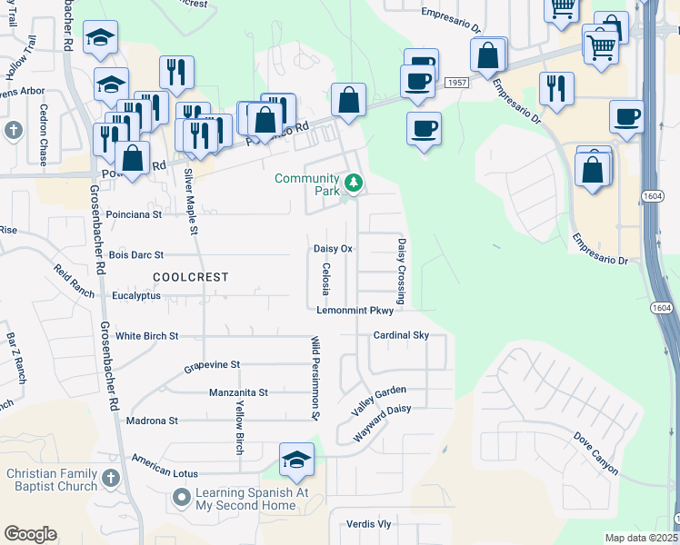 map of restaurants, bars, coffee shops, grocery stores, and more near 734 Chamomile in San Antonio