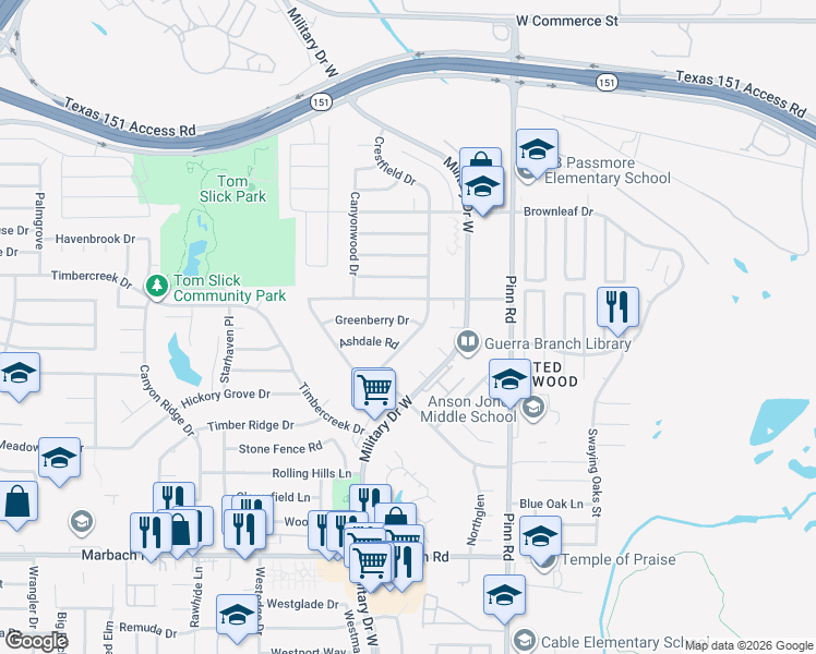 map of restaurants, bars, coffee shops, grocery stores, and more near 7014 Greenberry Drive in San Antonio