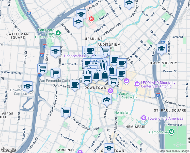 map of restaurants, bars, coffee shops, grocery stores, and more near 207n North Saint Mary's Street in San Antonio