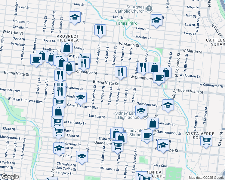 map of restaurants, bars, coffee shops, grocery stores, and more near 1925 Monterey Street in San Antonio