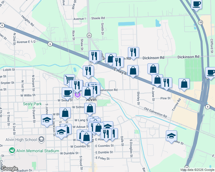 map of restaurants, bars, coffee shops, grocery stores, and more near 203 McLemore Drive in Alvin