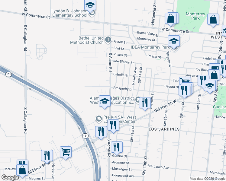 map of restaurants, bars, coffee shops, grocery stores, and more near 510 South Acme Road in San Antonio