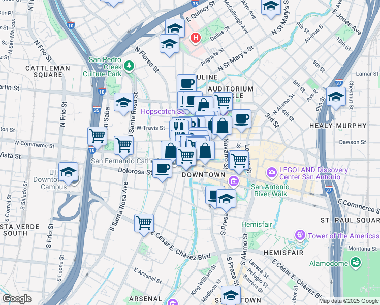 map of restaurants, bars, coffee shops, grocery stores, and more near 110 East Houston Street in San Antonio