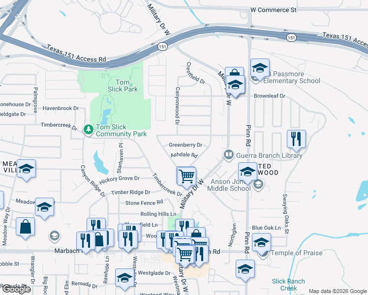 map of restaurants, bars, coffee shops, grocery stores, and more near 7046 Greenberry Drive in San Antonio