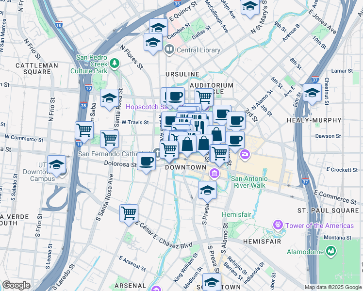 map of restaurants, bars, coffee shops, grocery stores, and more near 207n North Saint Mary's Street in San Antonio