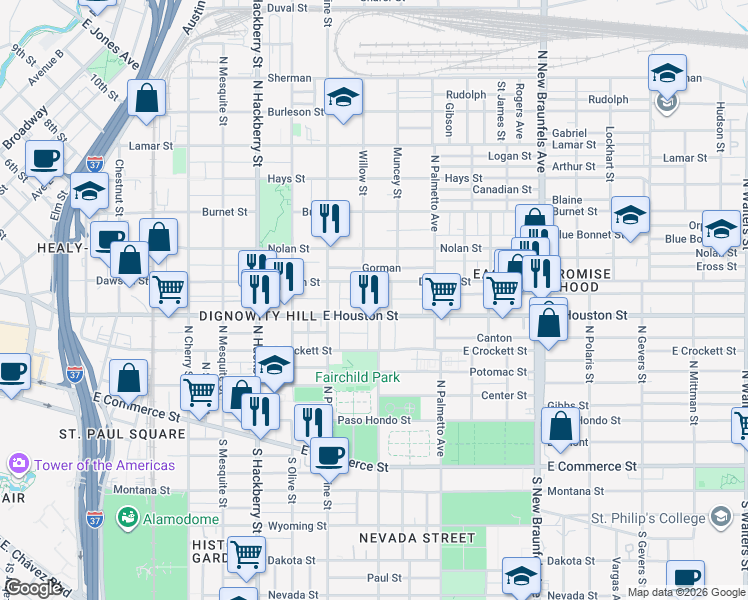 map of restaurants, bars, coffee shops, grocery stores, and more near 1833 East Houston Street in San Antonio