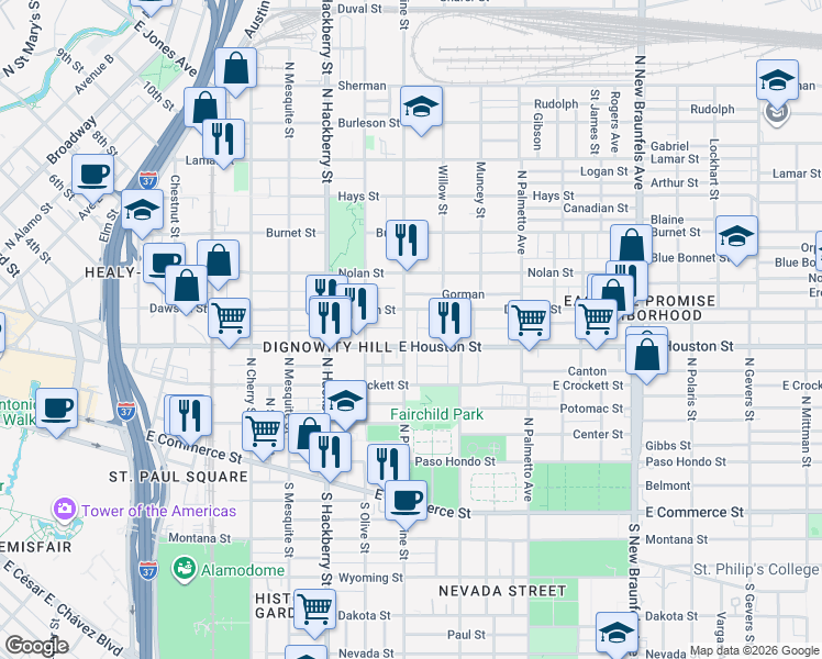 map of restaurants, bars, coffee shops, grocery stores, and more near 1731 East Houston Street in San Antonio