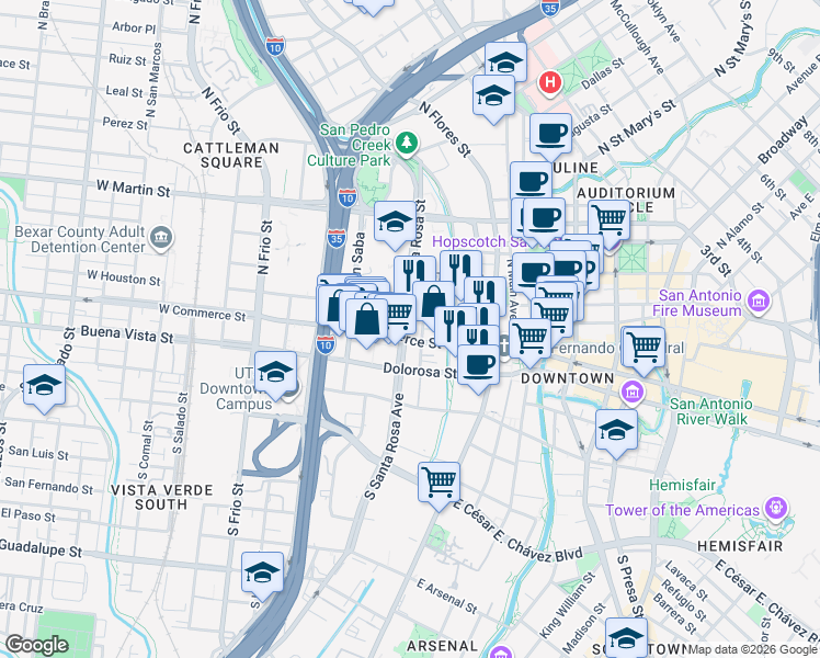 map of restaurants, bars, coffee shops, grocery stores, and more near 106 North Santa Rosa Street in San Antonio
