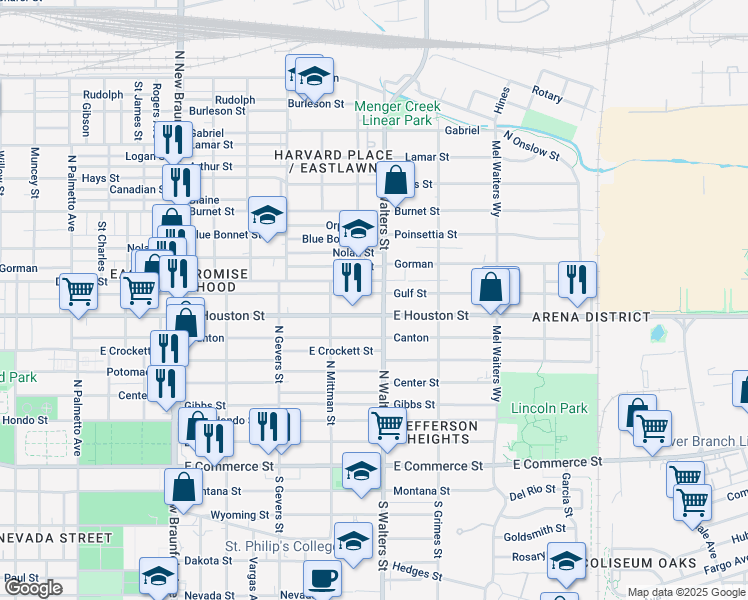 map of restaurants, bars, coffee shops, grocery stores, and more near 2553 East Houston Street in San Antonio