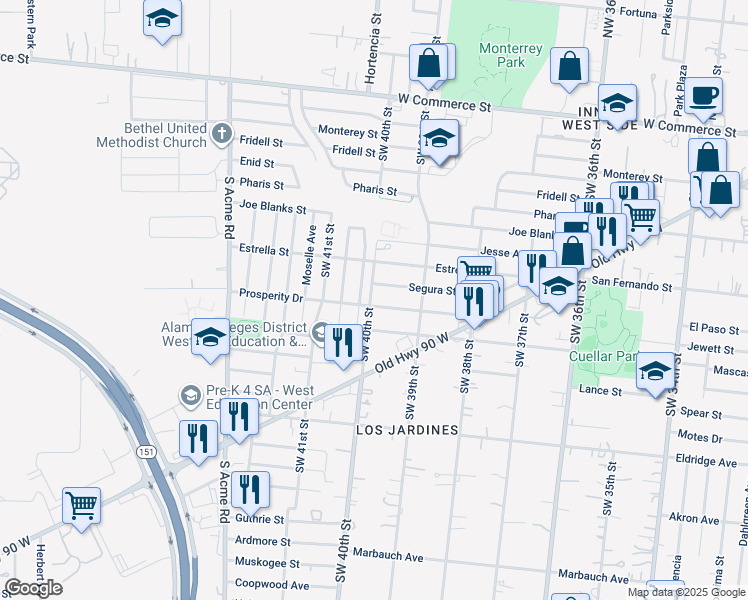 map of restaurants, bars, coffee shops, grocery stores, and more near 251 Prosperity Drive in San Antonio