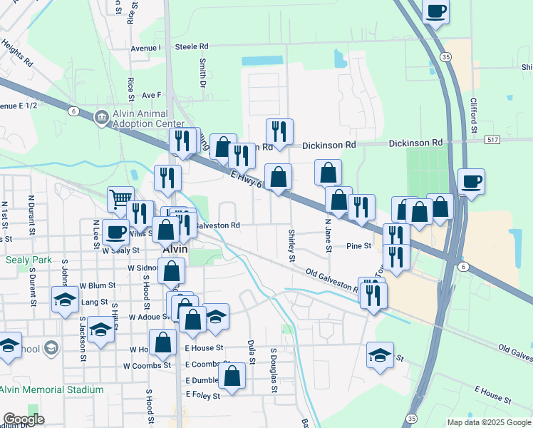map of restaurants, bars, coffee shops, grocery stores, and more near 703 Old Galveston Road in Alvin