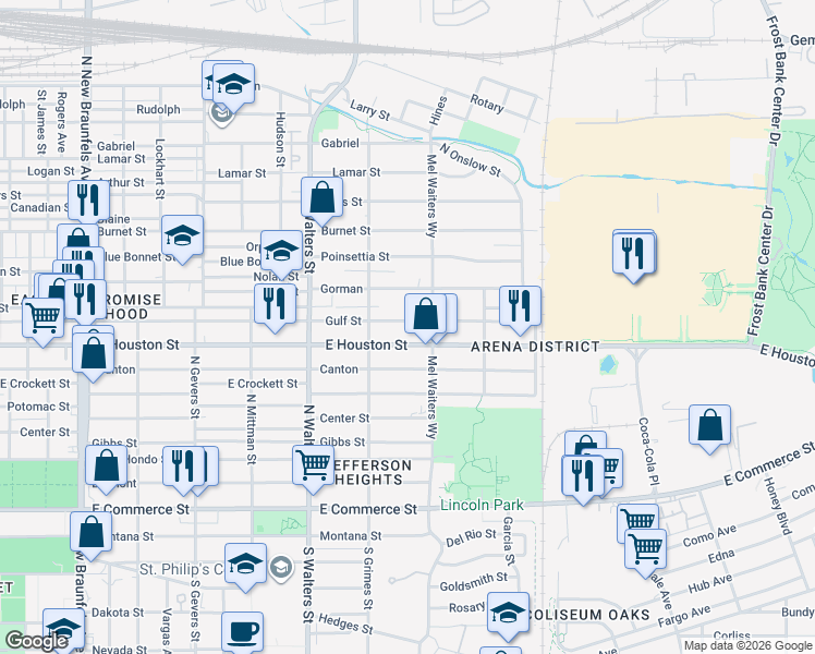 map of restaurants, bars, coffee shops, grocery stores, and more near 2747 East Houston Street in San Antonio