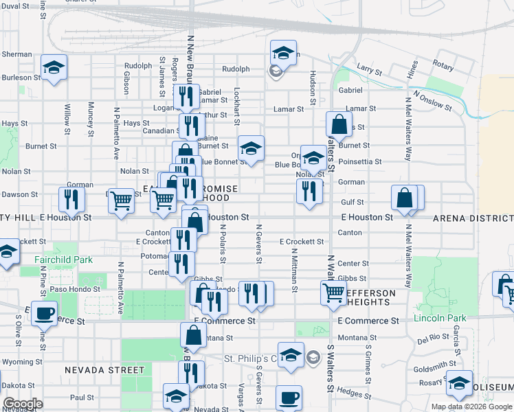 map of restaurants, bars, coffee shops, grocery stores, and more near 2353 East Houston Street in San Antonio