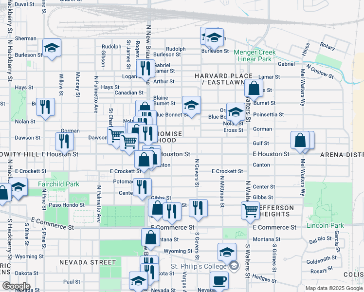 map of restaurants, bars, coffee shops, grocery stores, and more near 2317 East Houston Street in San Antonio