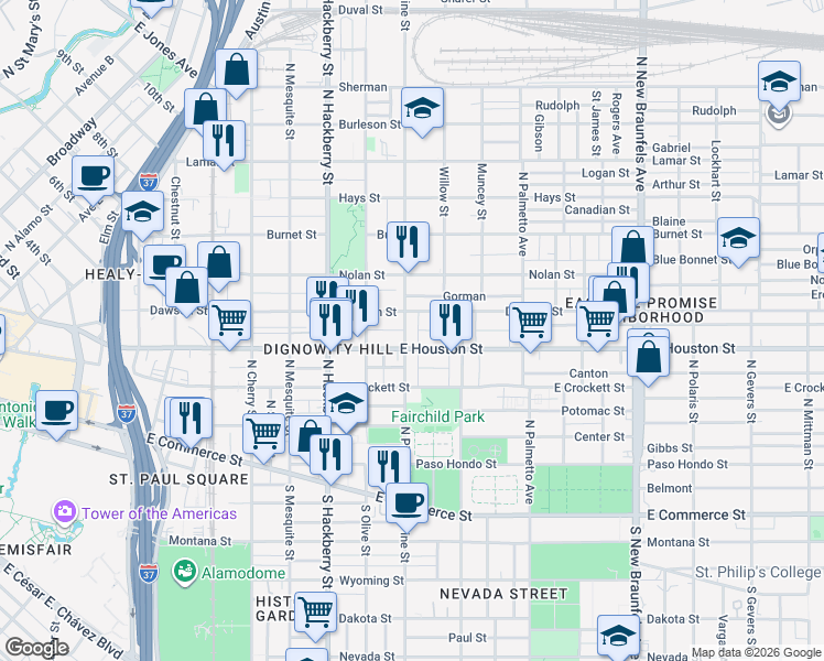 map of restaurants, bars, coffee shops, grocery stores, and more near 1731 East Houston Street in San Antonio