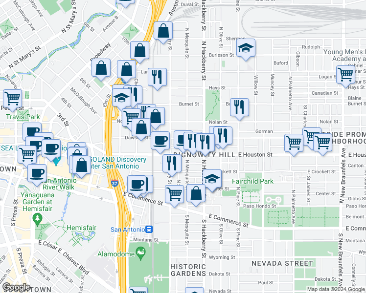 map of restaurants, bars, coffee shops, grocery stores, and more near 1431 East Houston Street in San Antonio