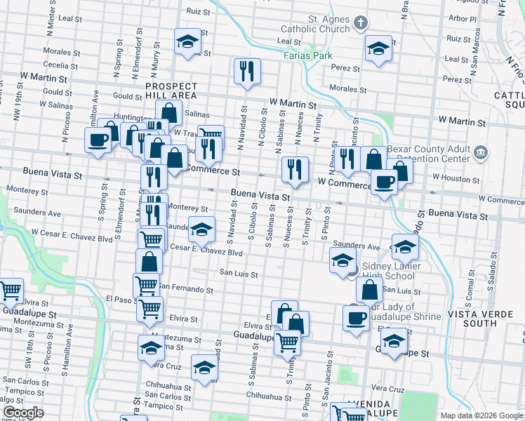 map of restaurants, bars, coffee shops, grocery stores, and more near 2101 Monterey Street in San Antonio