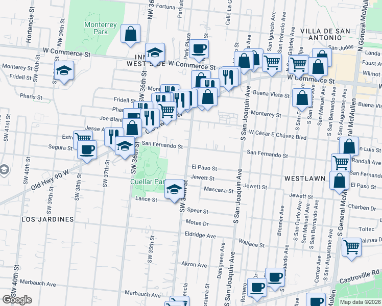 map of restaurants, bars, coffee shops, grocery stores, and more near 418 Southwest 34th Street in San Antonio