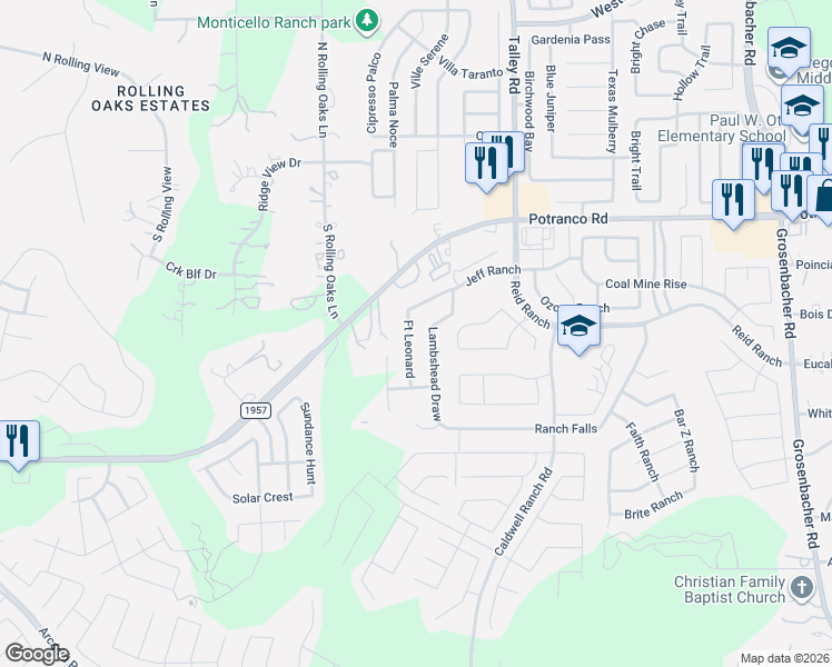 map of restaurants, bars, coffee shops, grocery stores, and more near 826 Lambshead Draw in San Antonio