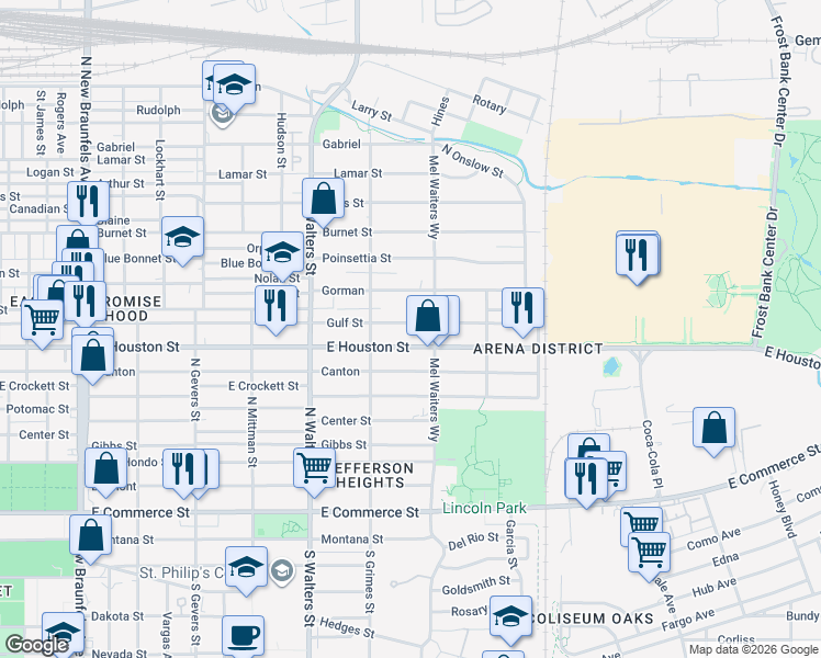 map of restaurants, bars, coffee shops, grocery stores, and more near 2747 East Houston Street in San Antonio