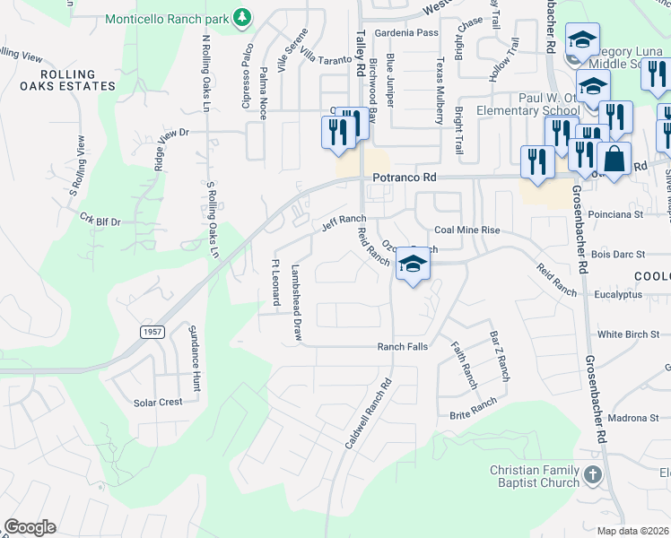 map of restaurants, bars, coffee shops, grocery stores, and more near 12941 Waggoner Ranch in San Antonio