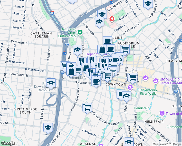 map of restaurants, bars, coffee shops, grocery stores, and more near 311 West Commerce Street in San Antonio