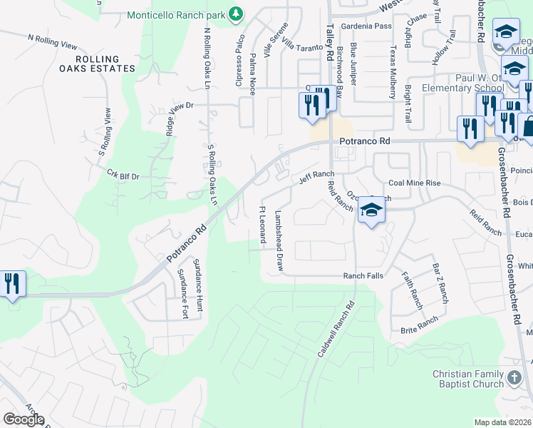 map of restaurants, bars, coffee shops, grocery stores, and more near 826 Lambshead Draw in San Antonio