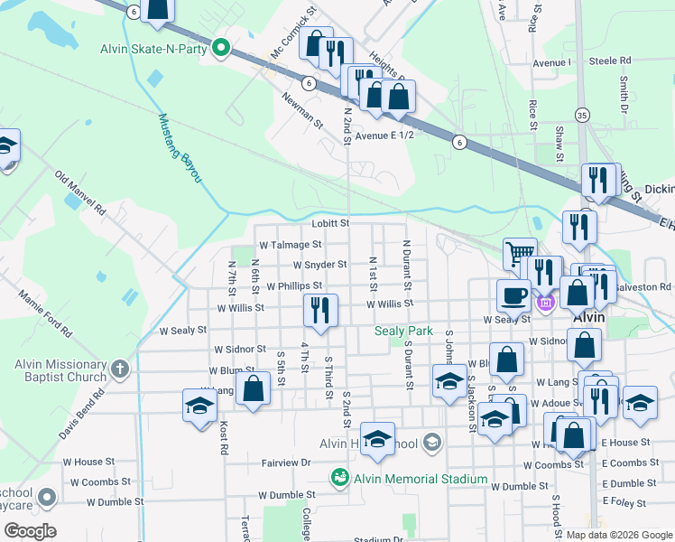 map of restaurants, bars, coffee shops, grocery stores, and more near 1214 West Phillips Street in Alvin