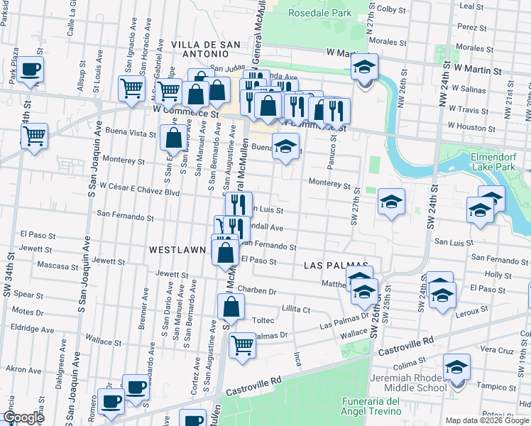 map of restaurants, bars, coffee shops, grocery stores, and more near 4302 San Luis Street in San Antonio