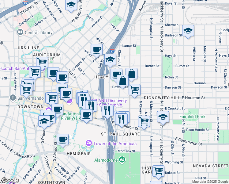 map of restaurants, bars, coffee shops, grocery stores, and more near in San Antonio