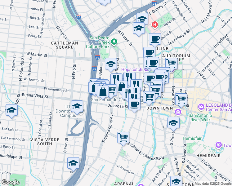 map of restaurants, bars, coffee shops, grocery stores, and more near 101199 North Laredo Street in San Antonio