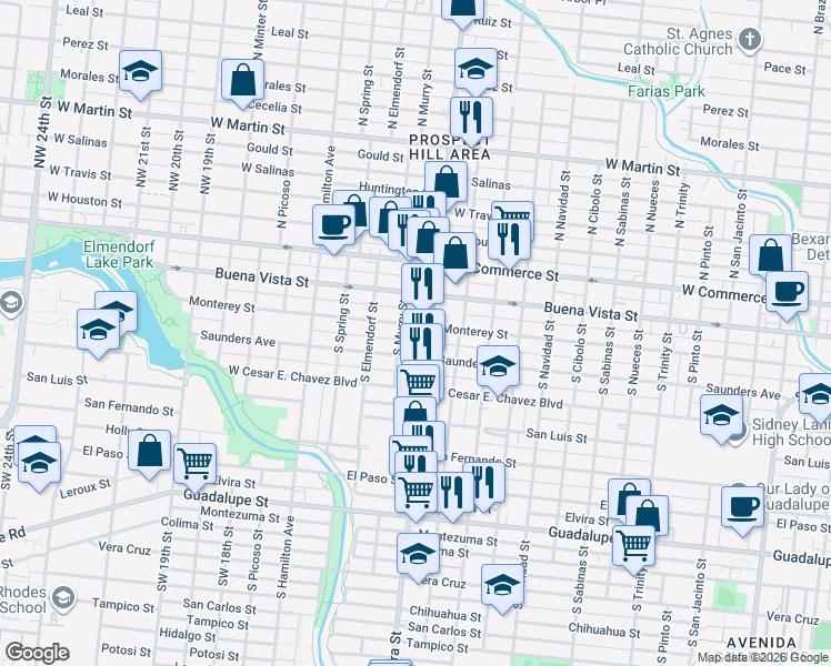 map of restaurants, bars, coffee shops, grocery stores, and more near 319 South Zarzamora Street in San Antonio