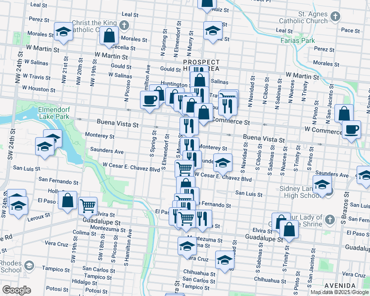 map of restaurants, bars, coffee shops, grocery stores, and more near 319 South Zarzamora Street in San Antonio