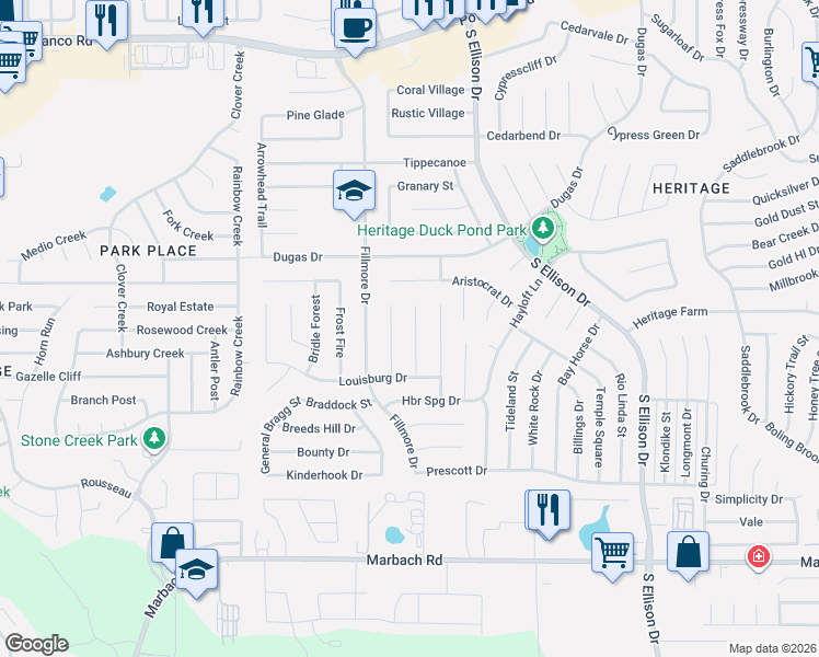 map of restaurants, bars, coffee shops, grocery stores, and more near 1030 Ericson Drive in San Antonio